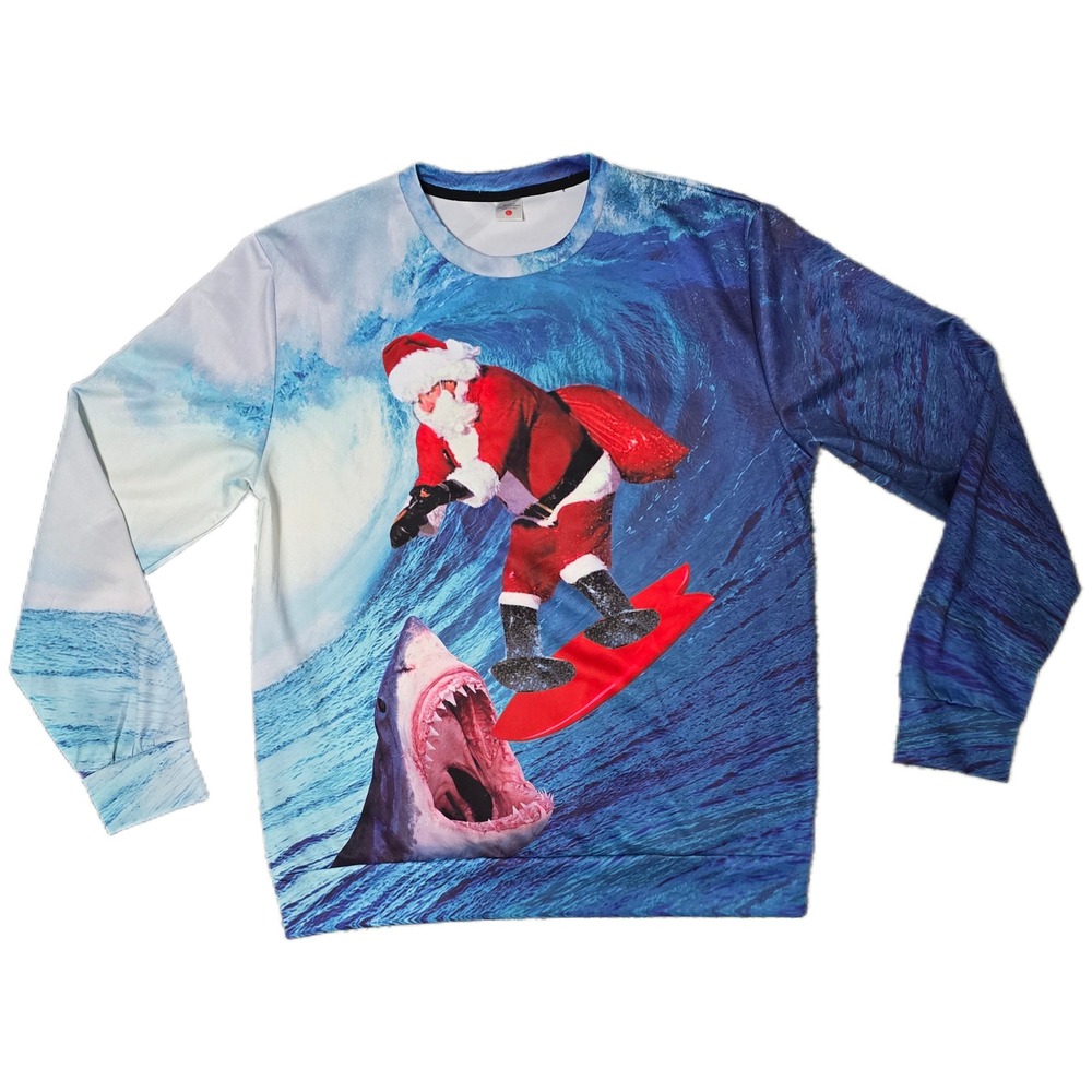 Mens Funny Santa Surfing Shark Ugly Christmas Long Sleeve Sweatshirt
(AE)
